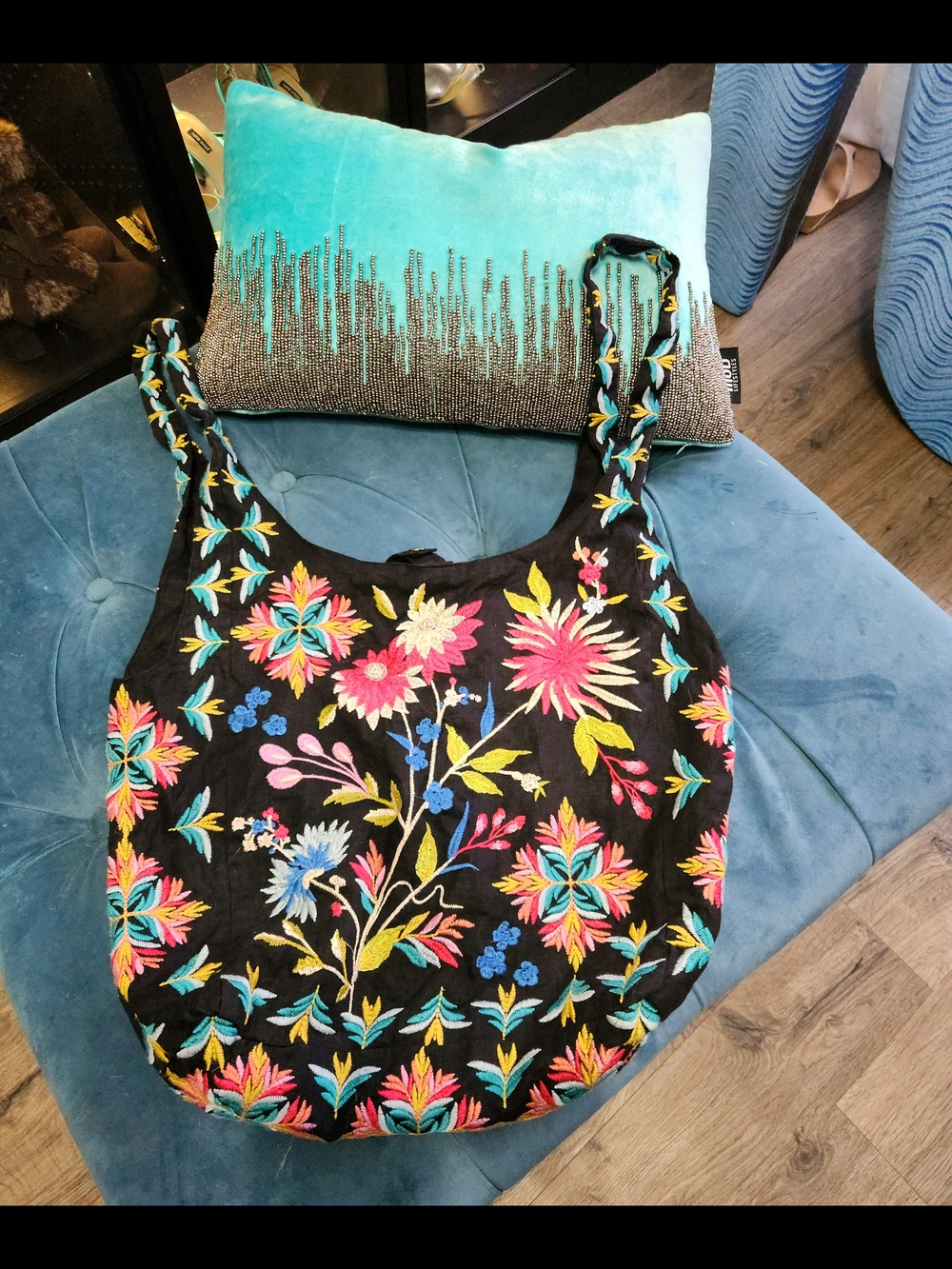 "Johnny Was" Embroidered Floral Boho Shoulder Bag - Black with Bright Flowers